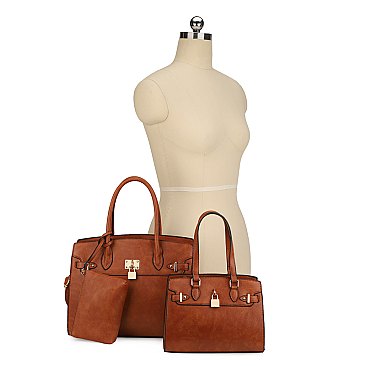 Padlock Accent 3 in 1 Twin Tote-Satchel Value Set