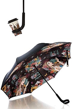 NICOLE LEE INVERTED DESIGN WITH CUP HOLDER UMBRELLA