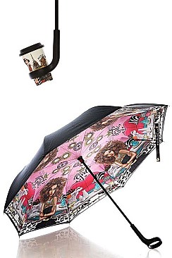 NICOLE LEE INVERTED DESIGN WITH CUP HOLDER UMBRELLA