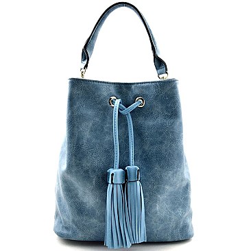 Tassel Accent Drawstring Bucket SHOULDER HOBO BAG