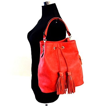 Tassel Accent Drawstring Bucket SHOULDER HOBO BAG