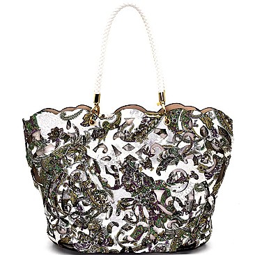 UN0079-LP Multi-colored Antique Paisley Print Laser-cut 2 in 1 Tote