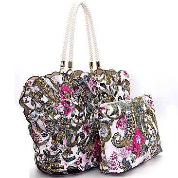 UN0079-LP Multi-colored Antique Paisley Print Laser-cut 2 in 1 Tote