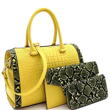3 in 1 Crocodile Snake Print Boston Satchel Clutch Wallet SET