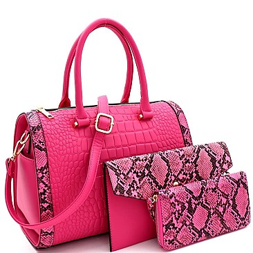 3 in 1 Crocodile Snake Print Boston Satchel Clutch Wallet SET