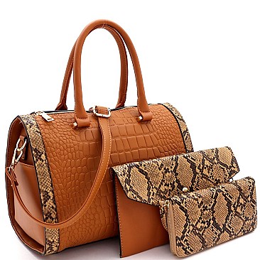 3 in 1 Crocodile Snake Print Boston Satchel Clutch Wallet SET