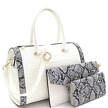 3 in 1 Crocodile Snake Print Boston Satchel Clutch Wallet SET