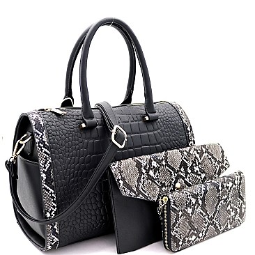 3 in 1 Crocodile Snake Print Boston Satchel Clutch Wallet SET