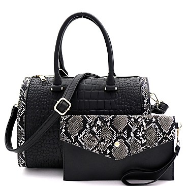 3 in 1 Crocodile Snake Print Boston Satchel Clutch Wallet SET