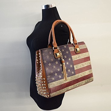 Vintage Rhinestone Tassel Embellished US Flag Bag