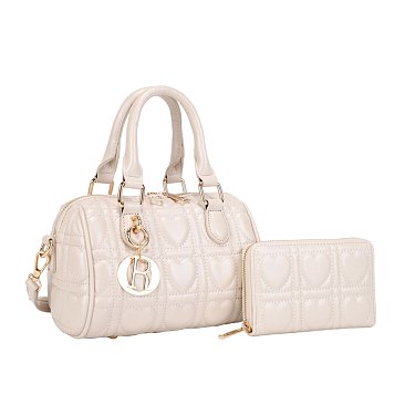 2-in-1 Quilted Heart Design Boston Satchel With Wallet