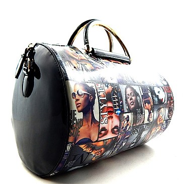 Magazine Print Metal Handle Cylinder Shape Satchel