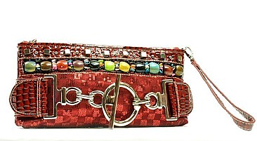 Sequin Beaded Metal Buckle Accented Clutch