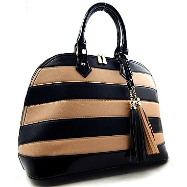 Elegant Two Tone Bowler Striped Zip-around Satchel