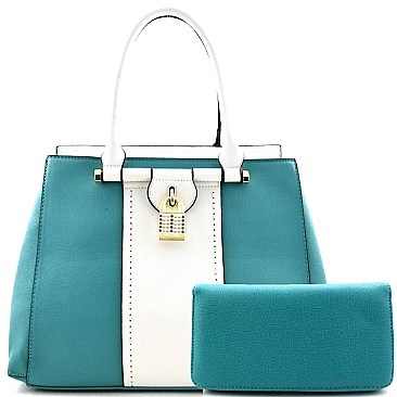 Padlock Accent 2 Tone Satchel SET With Wallet