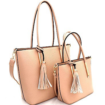 Textured Tassel Accent 2 in 1 Tote Set