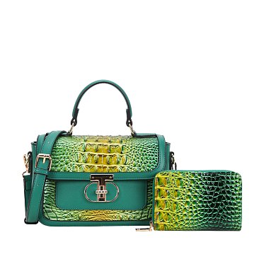 2-in-1 Tie-Dye Crocodile Twist Lock Satchel - Wallet Set