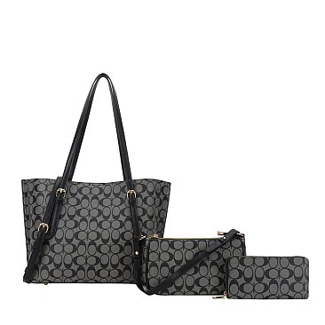 black 3-in-1 Oval Monogram Tote Handbag Wallet Set