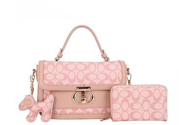 2- in-1 Oval Twist Lock Monogram Satchel Set + KeyChain Charming & Wallet