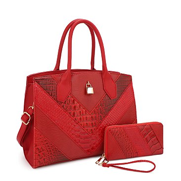 2-in-1 Crocodile Pattern Padlock Accent Satchel Wallet SET