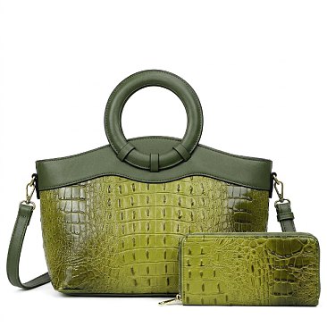 2 IN-1 Croc Round Top Handle Satchel Bag + Wallet