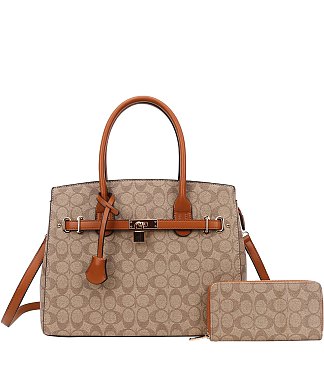 2-in-1 Oval Print Monogram Padlock Satchel Set + Wallet