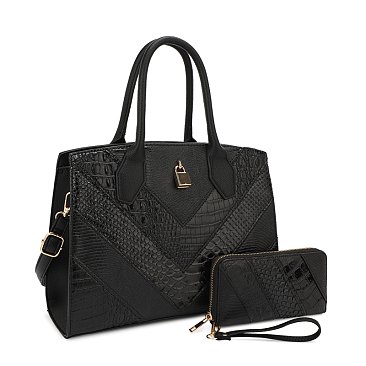 BLACK 2-in-1 Crocodile Pattern Padlock Accent Satchel Wallet SET