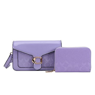 purple 2-in-1 Texture Oval Print Patent Cross-Body / Shoulder Bag & Wallet Set