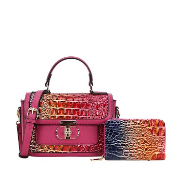 wholesale 2-in-1 Tie-Dye Crocodile Twist Lock Satchel - Wallet Set