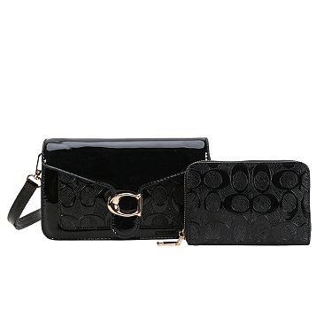black 2-in-1 Texture Oval Print Patent Cross-Body / Shoulder Bag & Wallet Set
