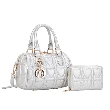 2-in-1 Quilted Heart Design Boston Satchel With Wallet