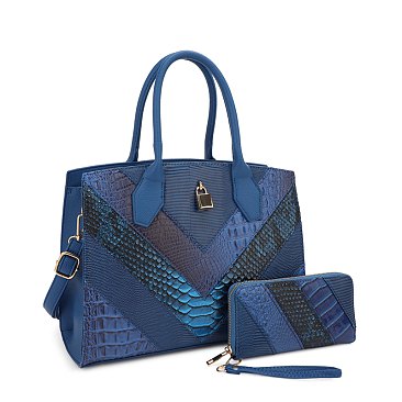 WHOLESALE BLUE 2-in-1 Crocodile Pattern Padlock Accent Satchel Wallet SET