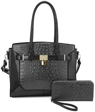 2-in-1 Long Handle Crocodile Skin Satchel Wallet Set