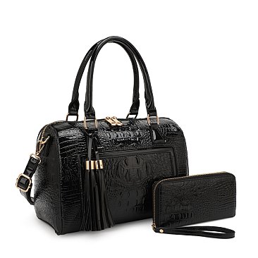 2-IN-1 Crocodile Tassled Boston Satchel With Wallet