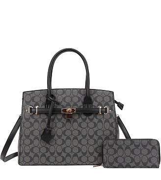 2-in-1 Oval Print Monogram Padlock Satchel Set + Wallet