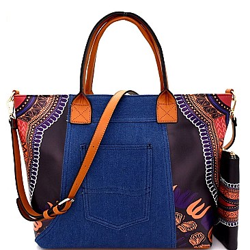 JY0223W-LP Denim Detail Ethnic Print Satchel Wallet SET