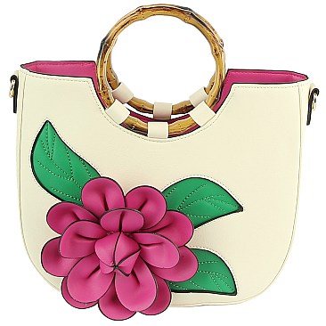 3D Flower Bamboo Round Handle Hobo Satchel