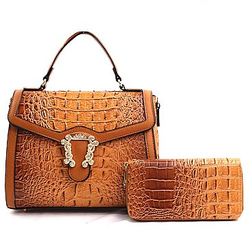 2 in 1 Crocodile Buckeled - Medium Size Satchel Wallet Set