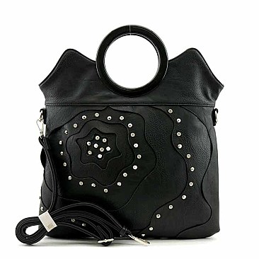 Flower Studded Design Circle Handle Tote