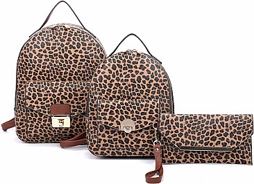 3 in 1 Leopard Push Lock Back Pack Clutch Set