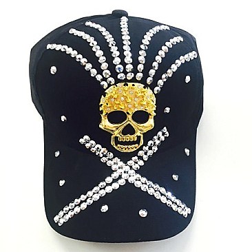 Gold Skull Rhinestone Cotton Hat - Cap