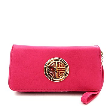 Double Zipper Emblem Accent Wristlet Wallet