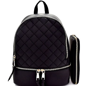 Zipper Accent Quilted Fashion Backpack Wallet SET MH-R8118