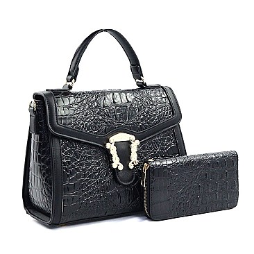 2 in 1 Crocodile Buckeled - Medium Size Satchel Wallet Set