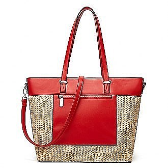 STYLISH TWO TONE SMOOTH TEXTURED TOP STRAW WOVEN TOTE BAG