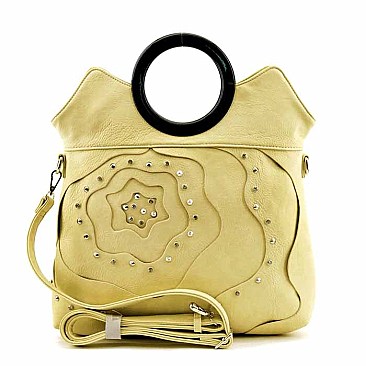 Flower Studded Design Circle Handle Tote