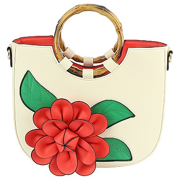 3D Flower Bamboo Round Handle Hobo Satchel