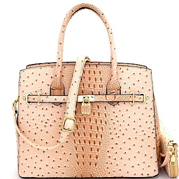 TU6729W-LP Ostrich Embossed Padlock Accent Structured Tote Wallet SET