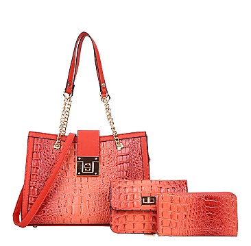 3 IN 1 Croc Chained Satchel - Cross-Body & Wallet Set