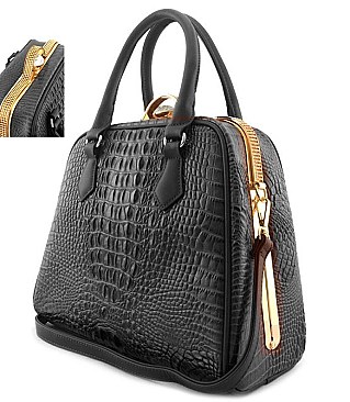 CROCODILE EMBOSSED TOP JEWEL FRAMED SATCHEL